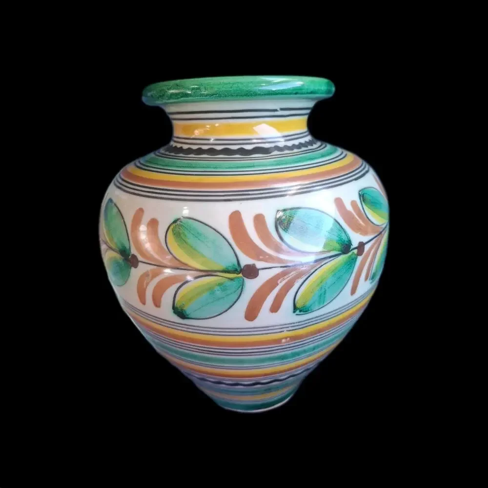 VTG Handmade & Painted Pottery Vase Floral Stripes Vines 9.5 Signed Numbered